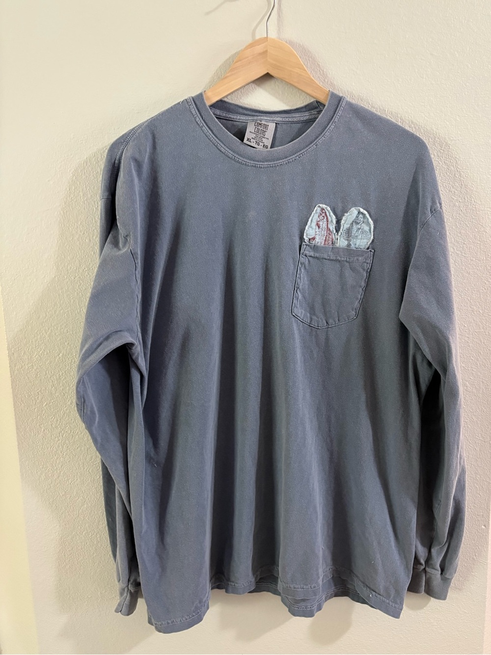 Cabincore Fish Patchwork Pocket Long Sleeve Faded Blue-Gray Cotton Shirt XL